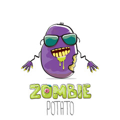 vector funny cartoon spooky violet zombie potato character isolated on white background. Zombie potato vector concept halloween background and label. Dead monster vegetable funky character