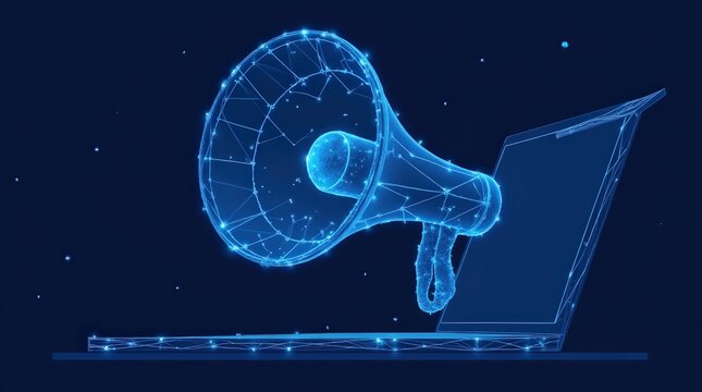 Digital megaphone emerging from laptop screen for online announcement