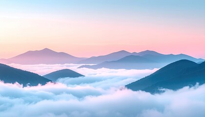 Pastel Sky Above Pixelated Mountain Range Covered in Mist Digital Art Style Geometric Landscape Serene Atmosphere Pink Sky and Blue Peaks
