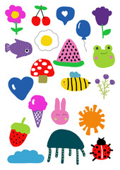 Colorful, hand-drawn icons burst with happiness, a cheerful assortment of food, animals, and objects ideal for scrapbooking, party invitations, or educational materials.
