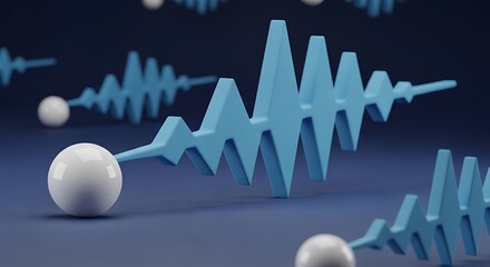 Abstract 3D render of sound waves with spheres visualization of audio frequency on dark blue backgro