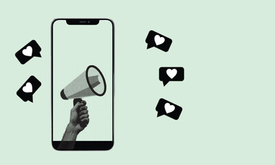 Modern Digital Marketing Concept with Megaphone Emerging from Smartphone Promoting Social Media Engagement and Online Influence