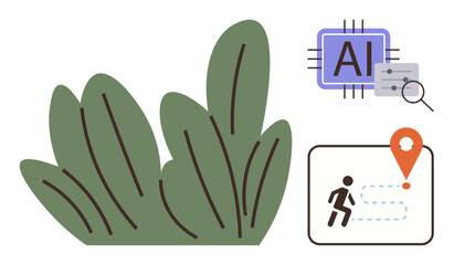 Green plant leaves, AI chip with controls, and person on navigation path with pinpoint location. Ideal for technology, nature, AI, journey planning, mapping exploration sustainability. Simple flat