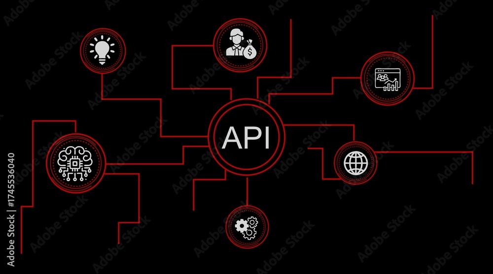 Wall mural a p i connection diagram with icons for idea finance a i data and global network application program