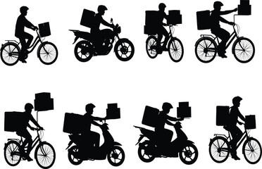 Fototapeta premium Delivery rider icon set, courier silhouette vector, bike and scooter transport, package service, helmet gear, motion, line illustration