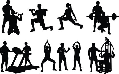 Gym workout silhouette set, fitness training poses, personal coaching scenes, strength exercise icons, active lifestyle, vector isolated, editable