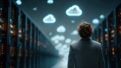 Data Center View with Person in Pixelated Suit and Digital Cloud Symbols