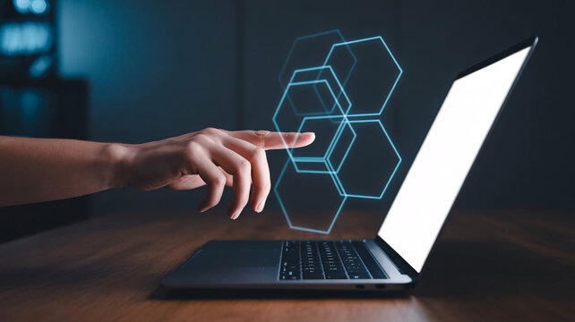 Modern digital interface with hexagons and hand interacting with laptop screen - Powered by Adobe