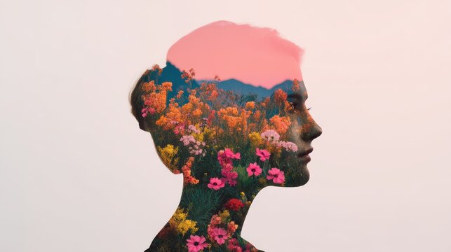 A silhouette of a woman filled with vibrant flowers and a pastel sky, symbolizing nature and inner beauty.