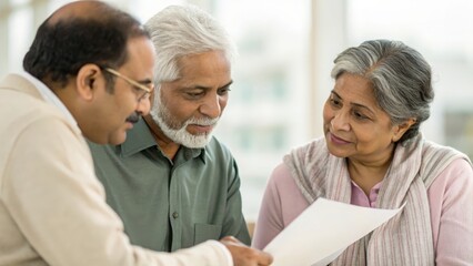 Fototapeta premium Senior Indian couple reviewing documents with consultant — showcasing collaboration, clarity, and informed decisions