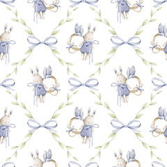 It's a boy. Watercolor hand-drawn seamless charming pattern with tenderness leaves, blue bows and blue baby toys. Cute print for kids.