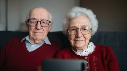 A senior couple sits together on a couch, looking at a device with warm smiles, embodying companionship and connection in their golden years.
