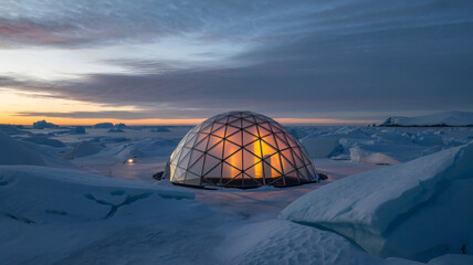 Unique geodesic dome structure glows amid icy landscape at dusk, architectural marvel