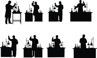 Laboratory research icon set, scientist silhouette vector, experiment pose, test tube handling, science lab, chemistry, line illustration
