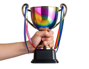 Firefly_Metallic Rainbow Hand Holding Trophy on Transparent Background_