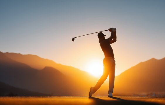Male golfer prepares for a tee shot at sunset on a mountainous golf course