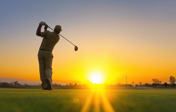 Male golfer tees off at sunrise on a golf course against a vibrant sunrise backdrop