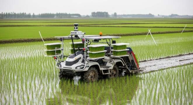 Modern automated transplanter navigating wet paddy fields highlighting innovative farming solutions and increased crop productivity.