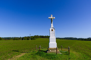 Holy Cross in the fields near the town of Sloup. A place to rest and meditate. South Moravia, Czech Republic.