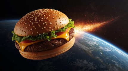 A giant burger, with a juicy patty, melted cheese, and crisp lettuce, soars through the galaxy like a comet