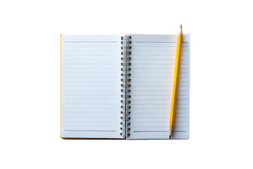 Open spiral bound planner notebook with blank lined pages and a yellow pencil on a transparent background isolated on transparent background