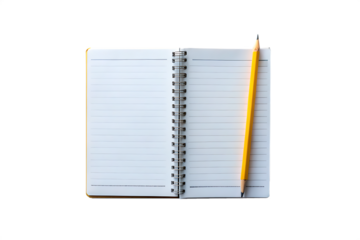 Open spiral bound planner notebook with blank lined pages and a yellow pencil on a transparent background isolated on transparent background