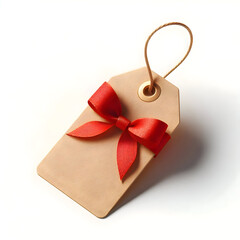 A kraft paper gift tag with a red satin ribbon tied through the hole, isolated on a white background, elegant and simple composition, realistic 3D rende