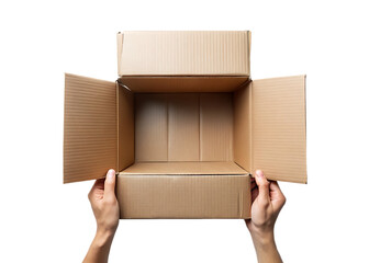 Hands holding open a cardboard shipping box with flaps extended showing the empty interior isolated on transparent background
