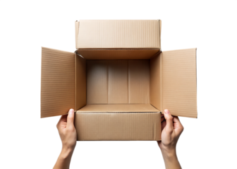 Hands holding open a cardboard shipping box with flaps extended showing the empty interior isolated on transparent background