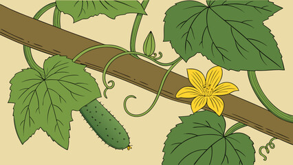 Tiny cucumber forming on the vine, accompanied by a bright yellow blossom, illustrating the initial phase of cucumber growth in a natural garden environment.