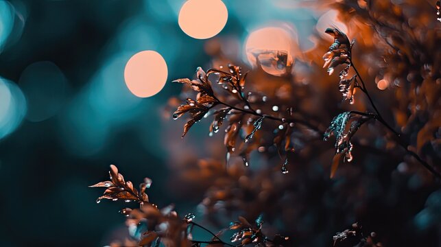 Abstract Christmas background with orange and blue bokeh lights. Festive blurred holiday backdrop with glowing garlands and tree branches.