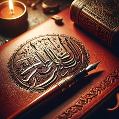 Illuminated leather journal, pen, candle, ornate design