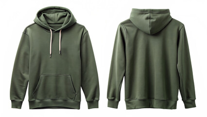 Front and back view of a green olive colored hooded sweatshirt with drawstrings and a kangaroo pocket isolated on transparent background