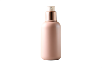 Elegant rose gold cosmetic spray bottle with white pump dispenser isolated on transparent background