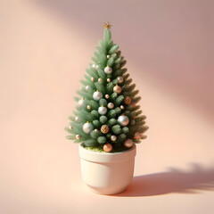 A small decorated Christmas tree in a ceramic pot, isolated on a clean pastel background, modern minimalist design, realistic 3D illustration with soft shadows