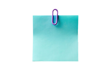 A single blue paper note attached with a silver metal paperclip isolated on transparent background
