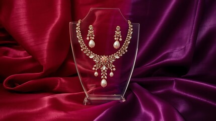 Traditional Indian Bridal Necklace and Earrings Set with Pearls and Stones on Silk Fabric Background