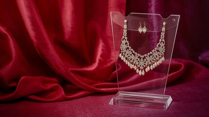 Obraz premium Traditional Indian Bridal Necklace and Earrings Set with Pearls and Stones on Silk Fabric Background