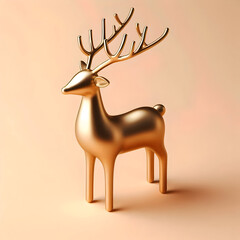 A small golden reindeer figurine with minimal design, isolated on a pastel beige background, elegant holiday decoration, realistic metallic texture