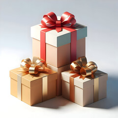 A stack of Christmas gift boxes in different sizes and colors, isolated on a clean white background, soft shadow and festive modern look, realistic 3D render