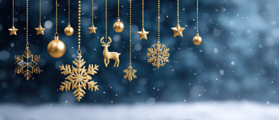 Gold bauble snowflake star reindeer ornament hanging christmas decoration winter background festive scene with soft bokeh and falling snow