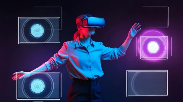 Woman in virtual reality headset experiencing immersive digital technology - Powered by Adobe