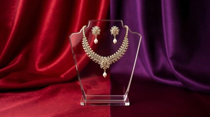 Traditional Indian Bridal Necklace and Earrings Set with Pearls and Stones on Silk Fabric Background