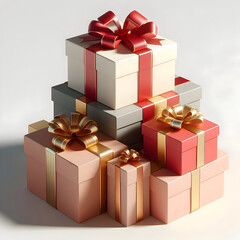 A stack of Christmas gift boxes in different sizes and colors, isolated on a clean white background, soft shadow and festive modern look, realistic 3D render