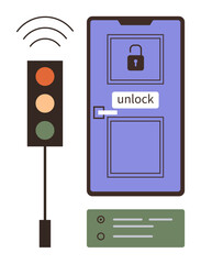 Door with unlocked padlock, traffic light signal with green, yellow, and red lights, wireless waves, control device. Ideal for smart technology, automation, security IoT digital access innovation