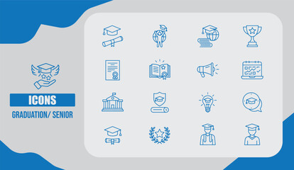  Graduation Senior Icon Set Featuring Caps, Diplomas, Academic Scrolls, and Celebration Symbols