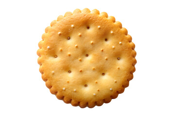 Golden brown round cracker with serrated edges and numerous small holes isolated on transparent background