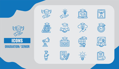  Graduation Senior Icon Set Featuring Caps, Diplomas, Academic Scrolls, and Celebration Symbols
