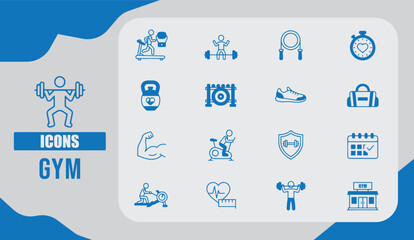  Modern Gym Icon Set Featuring Dumbbells, Kettlebells, Barbells, and Fitness Equipment Symbols