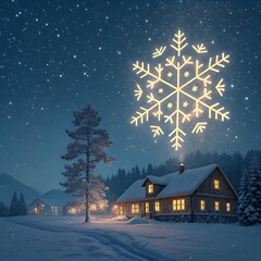 Gentle snowfall forming a glowing snowflake constellation above a quiet winter village, symbolizing wonder, beauty, and the magical connection between earth and sky in a peaceful festive night scene